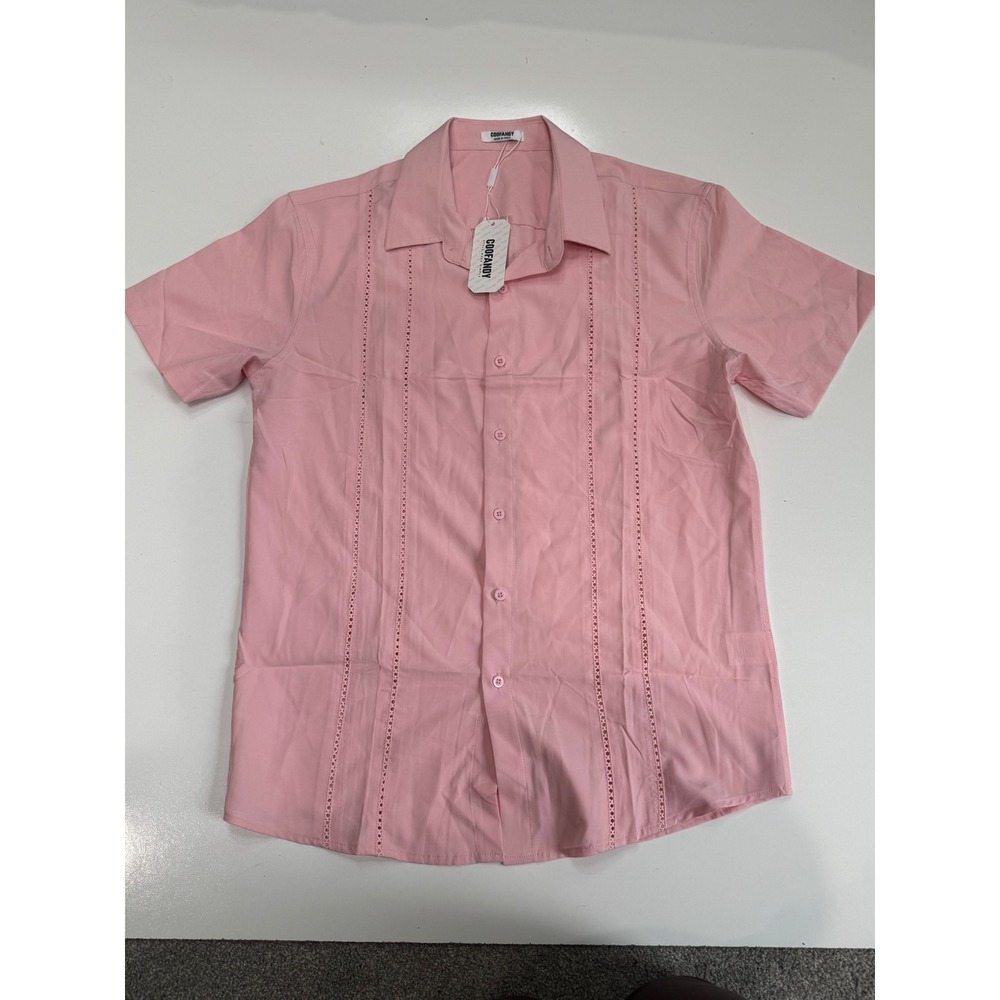 Coofandy Mens Pink Guayabera Short Sleeve Button Down Shirt Small New